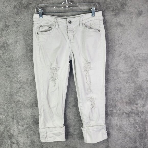 Women's White Cato Distressed Rolled Cuff Jeans Rhinestone Button Mid Rise 4 - Picture 2 of 15